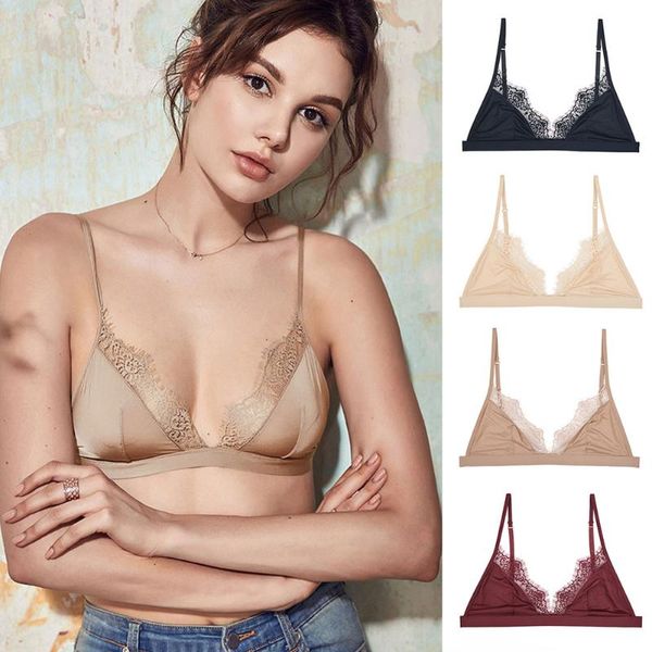 

soft satin bra comfortable underwear wireless lace bralette 3/4 cup intimate lingerie thin seamless bras for women, Red;black