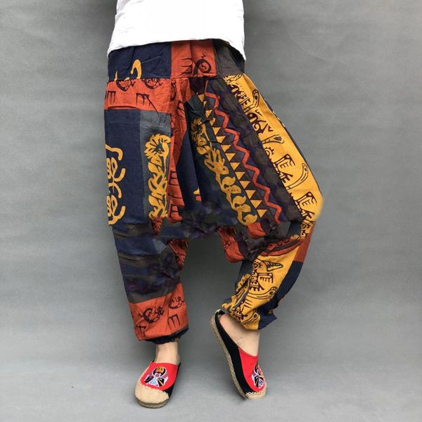 

men's pants summer retro casual harem ethnic printing large crotch loose trouser cotton linen comfy soft breathable, Black