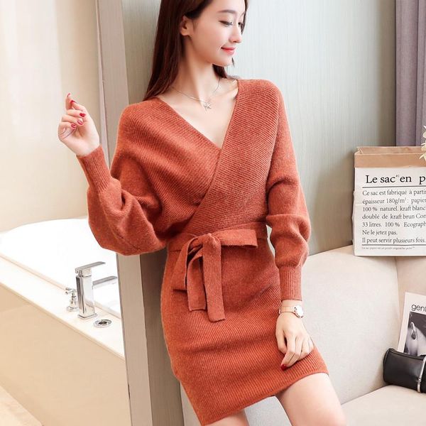 

casual dresses knit dress autumns winter women knitted sweater korean batwing sleeve elegant ladies bandage 2021 arrivals dd2364, Black;gray