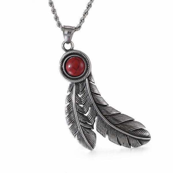 

pendant necklaces vintage double feather necklace for men stainless streel red stone charm chain homme jewelry gifts, Silver