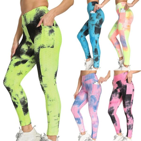 

women's tie-dye pocket breathable hip lifting exercise bubble yoga pants yoga leggings casual gym sport leggings training pants, Black