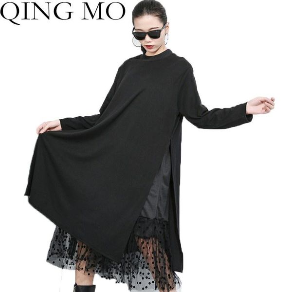 

casual dresses qing mo large size mesh dress 2021 autumn women solid color mid-length fake two fashion hedging leisure lhxx103, Black;gray