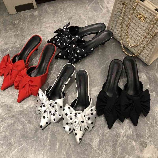 

slippers new spring women's korean-style pointed polka dot bow stiletto mid-heel low heel half ae4q, Black