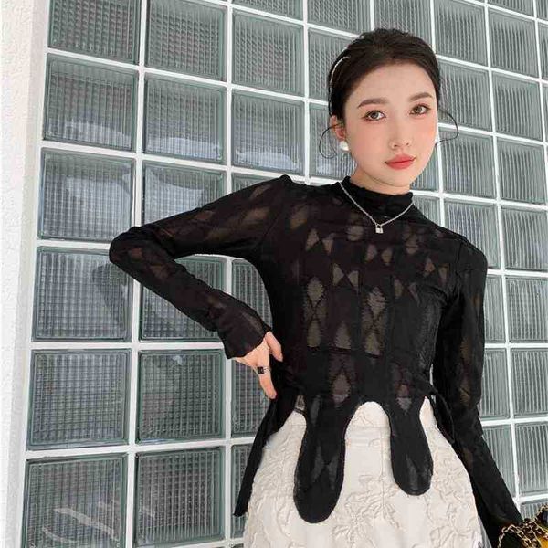 

women's knits & tees spring asymmetrical long sleeve crop women blouse see through turtleneck designer ladies fashio j58m, White