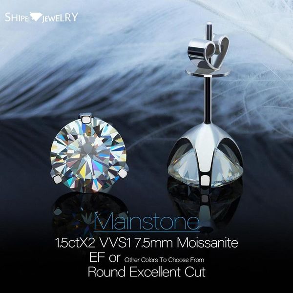 

stud shipei classic 925 sterling silver 1.5 ct real moissante diamonds gemstone engagement simple ear studs earrings fine jewelry, Golden;silver