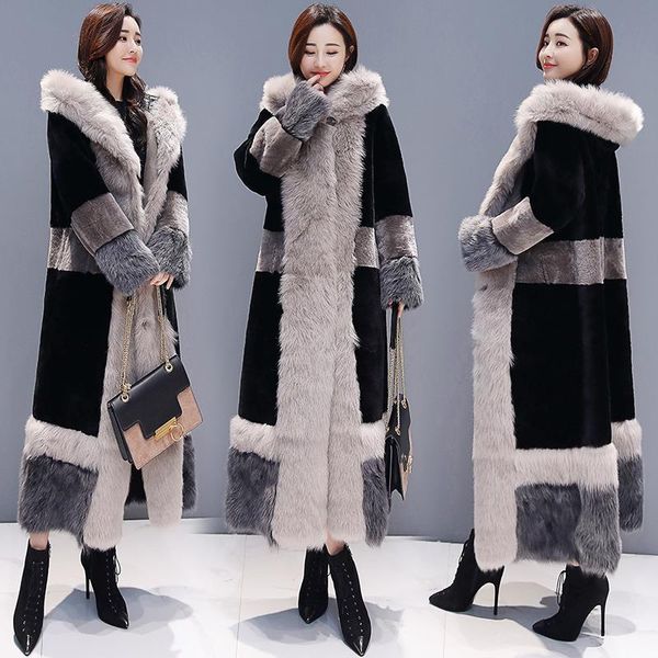 

women's fur & faux winter splicing ladies jacket 2021 fashion thicken hooded parkas high-end warm loose female long snow coat outwear, Black