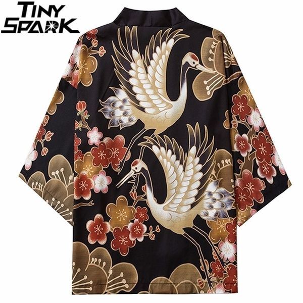 Japon Kimono Ceket Retro Çiçek Vinç Harajuku Hip Hop Erkekler Japonya Streetwear Yaz Ince Giyim Gevşek 220301