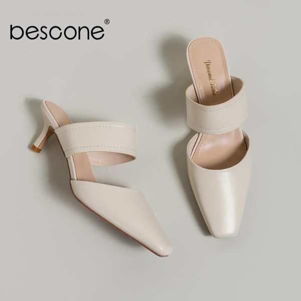 

sandals bescone summer ladies slippers handmade genuine leather thin heels small square head fashion solid women's shoes bo905, Black