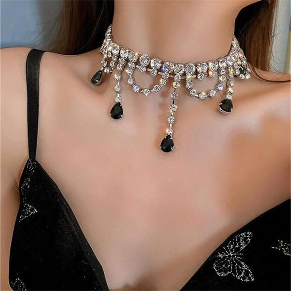 

chokers vintage black water drop crystal choker necklaces for women long tassel rhinestones elegant statement jewelry gifts, Golden;silver
