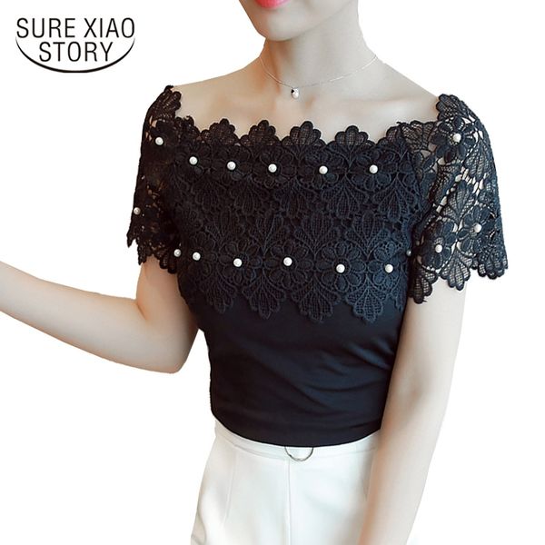 

summer strapless slash neck solid short sleeve women lace blouse slim women bottoming lace shirt blusas 80f 30 210528, White