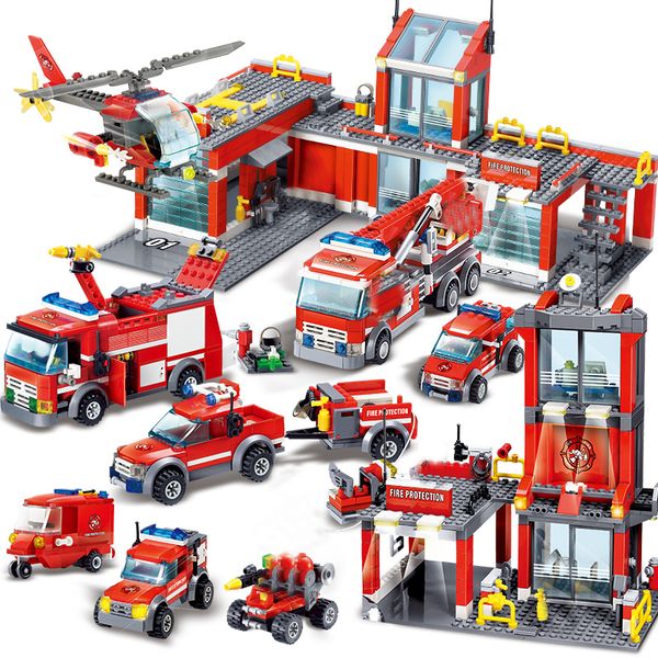 Kit di costruzione di modelli Stazione cittadina Set di blocchi di costruzione Autopompa dei pompieri Camion da caccia Illumina i mattoni Playmobil Giocattoli per bambini Regali
