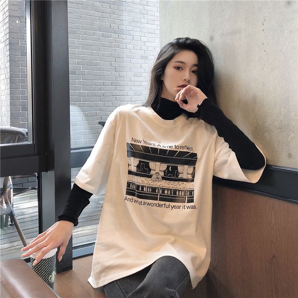 

2021 spring summer print half-sleeve t-shirt streetwear harajuku women o-neck students t shirt 5ok6, White