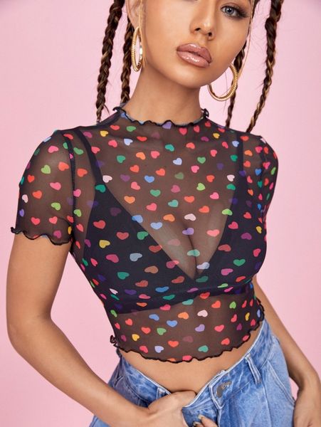 

heart print lettuce trim sheer b7ic#, White