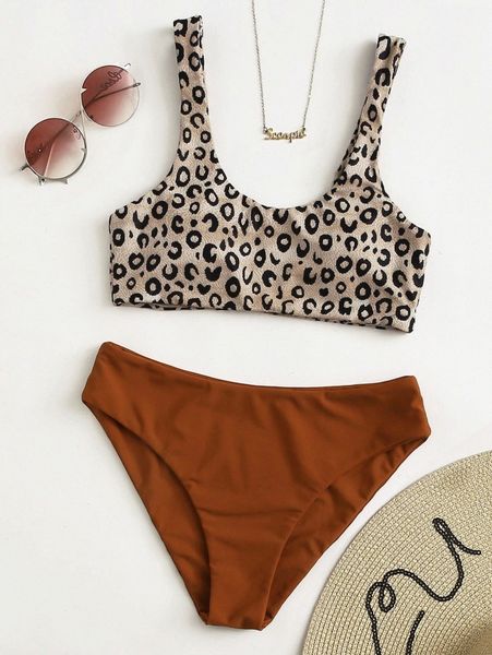 

leopard scoop neck bikini swimsuit q9tg#, White;black