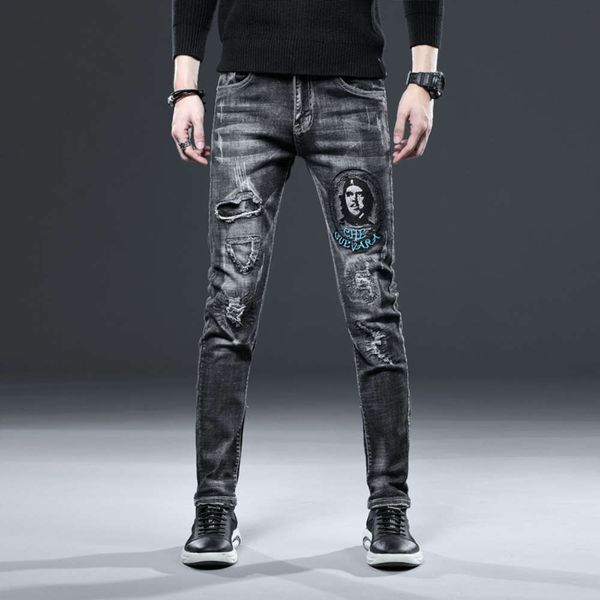 

embroidered pierced jeans men's fashion brand slim casual pants korean versatile trend show thin four seasons, Blue