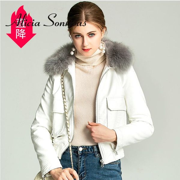 

women's leather & faux pu cotton padded winter jacket women black white thickned zipper long sleeve coat casual fur collar moto biker