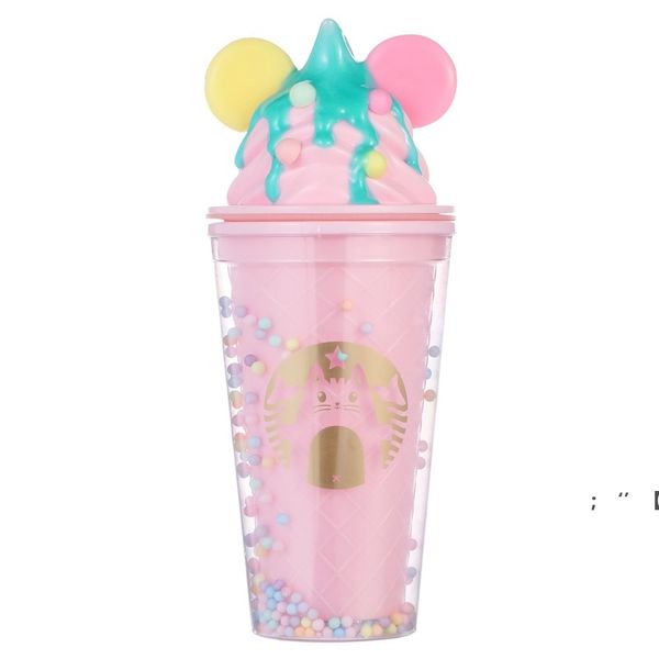 450ml Cartoon Muster Tumbler mit Strohhalsten Kunststoff Doppelschicht Sommer Party Wassersaft Cup RRD12133