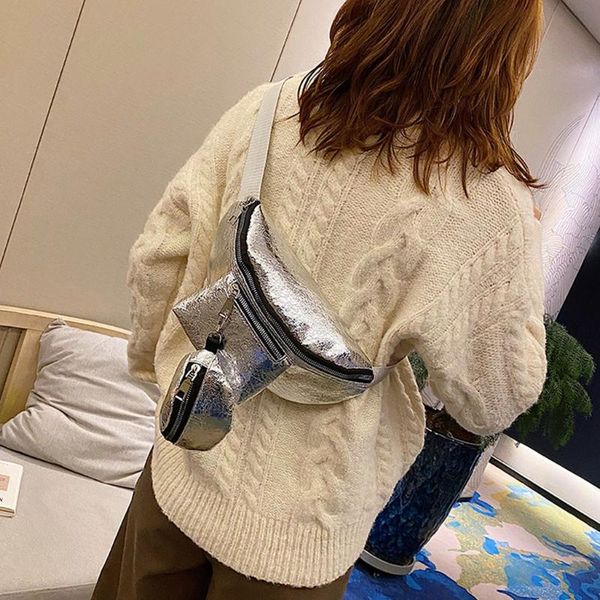 

reflective sequin waist packs 2pcs fashion women solid color zipper shoulder bag chest bag waist phone for female#4