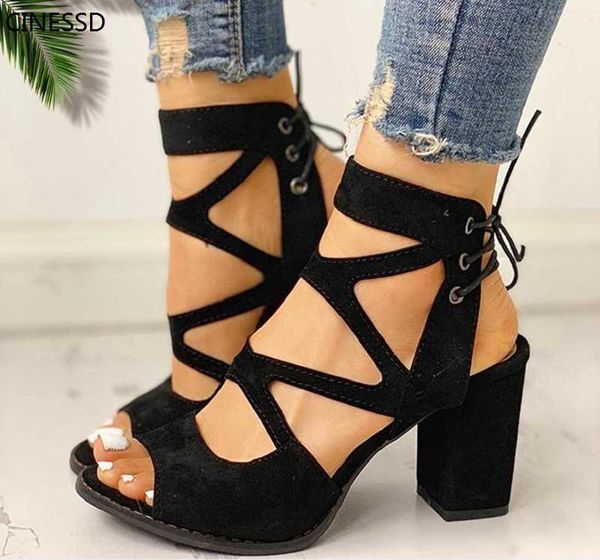 

sandals 2021 super summer fashion high thick heel back tie fish mouth, Black