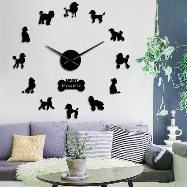 Regalo per l'amante del barboncino 3D DIY Long Hands Wall Dog Club Decorazione di moda con simpatici animali in osso Negozio Ornament Clock Watch 210310