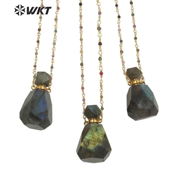 

chokers wt-n1268 wkt precious 18 inch long rainbow tourmaline chain perfume bottle necklace high flash labradorite necklaces, Golden;silver