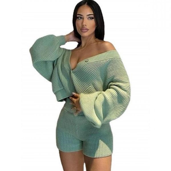 

women's tracksuits sweater two piece shorts sets women cardigan loose and suit autumn fashion solid knitted casual home wear set, Gray