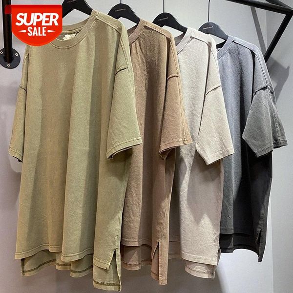 

retro distressed short-sleeved hip-hop loose oversize hem slit bottoming t-shirt #qm9b, White;black