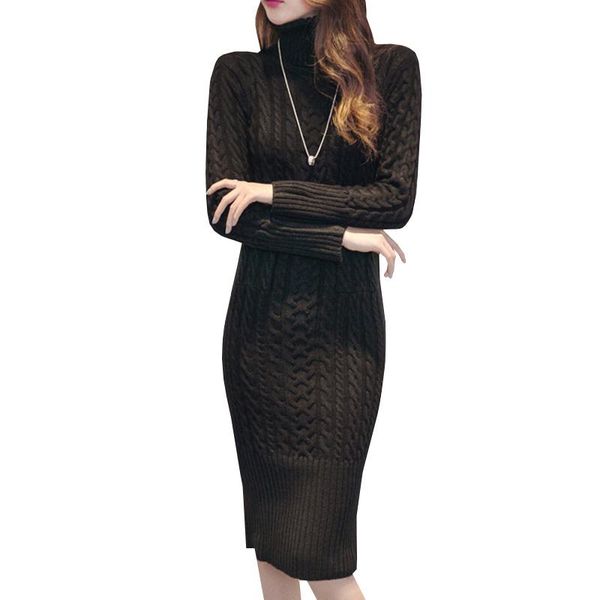 

casual dresses women sweater dress autumn winter warm thick turtleneck long knitted female split slim bodycon vestidos sf397, Black;gray