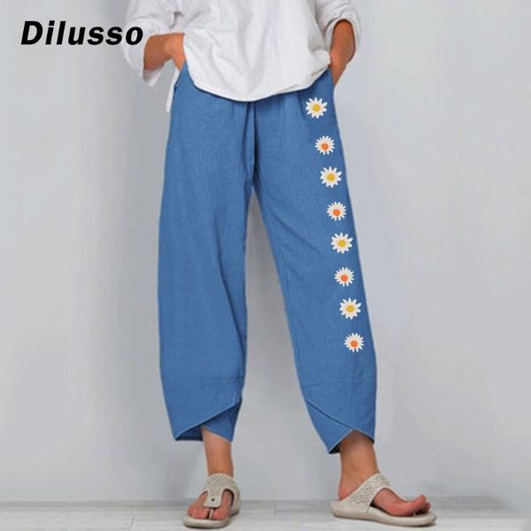 

women's pants & capris summer women loose daisy print cotton linen elastic waist casual wide leg plus size vintage pant#d3, Black;white