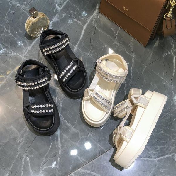

sandals european station women shoes 2021 summer thick bottom platform rhinestone open toe casual fashion female, Black