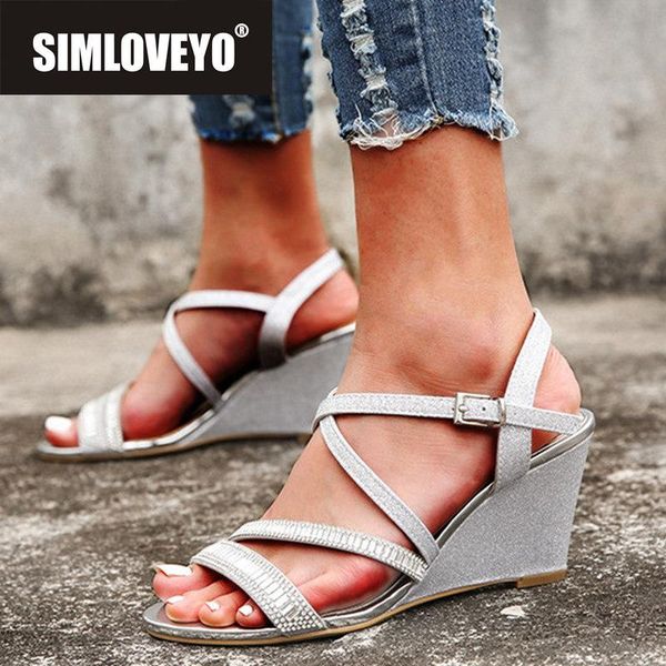 

sandals simloveyo 2021 women open toe wedges heels buckle bling stylish designer big size 36-41 casual date a3930, Black