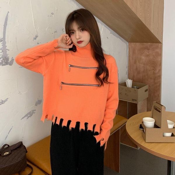 

women's sweaters autumn winter korean 2021 short hedging sweater women zipper turtleneck pullovers knitted tassel pull femme sueter muj, White;black
