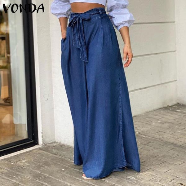 

women's pants & capris casual long trousers vonda women high waist wide leg denim loose palazzo pantalon femme streetwears oversized, Black;white