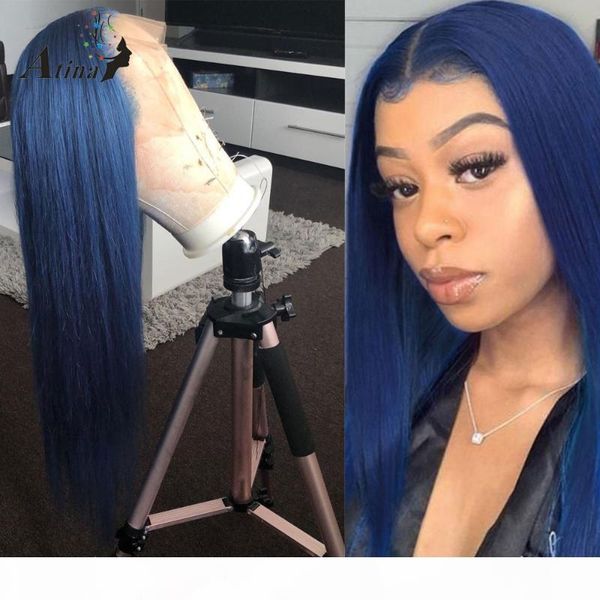

pre plucked 6 inch deep part human hair wig glueless remy straight blue colored hd transparent lace front wig for black women, Black;brown