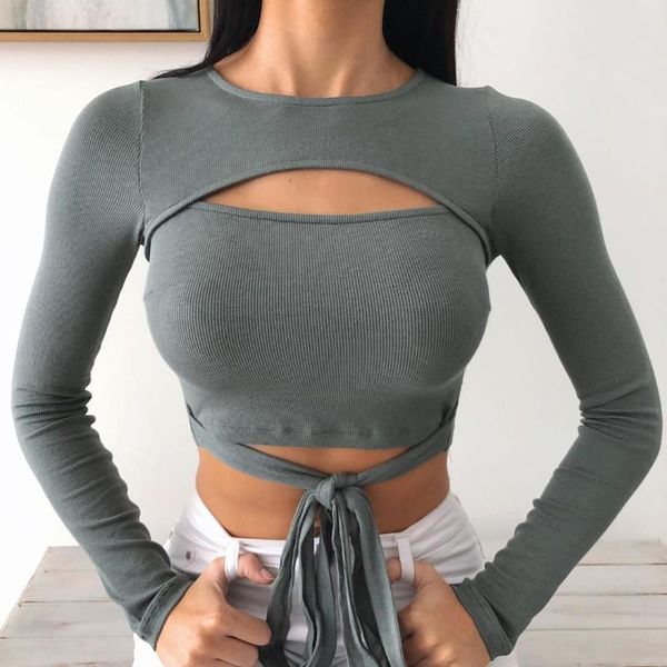 

women's t-shirt 2021 knitted solid color pullover long sleeve bandge round neck hollow out crop lace-up clothes, White