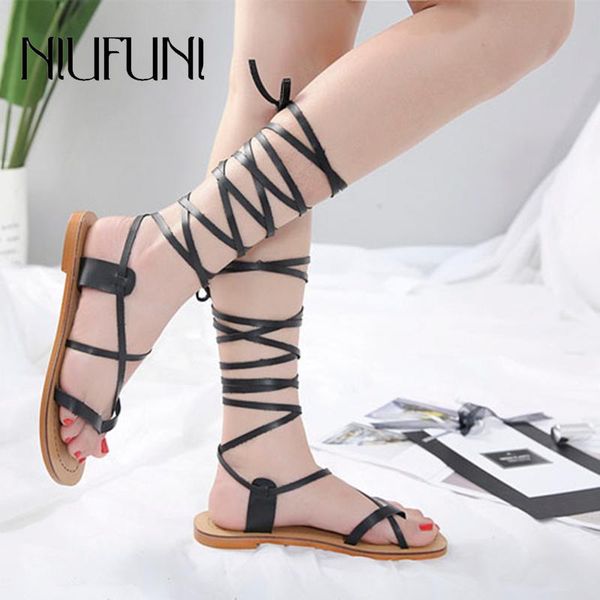 

sandals niufuni flat shoes women's clip toe plus size 35-41 gladiator ankle strap low heel roman for women zapatos planos, Black