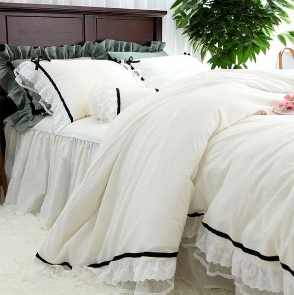 

bedding sets farmhouse white gray set elegant shabby lace ruffle 100%cotton soft duvet cover bedskirt pillowcases twin  king