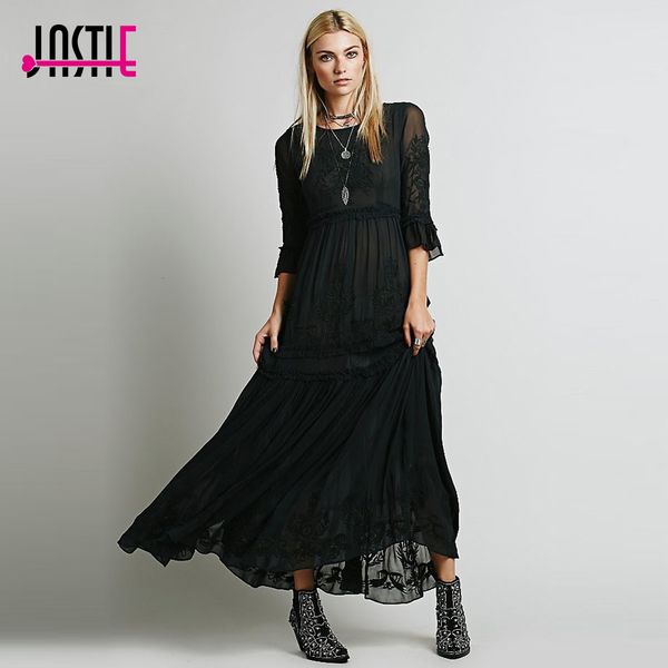 

2021 new elegant women boho flare sleeve o-neck bohemian maxi dress embroidered ruffle hem female beach vestidos fyqw, Black;gray