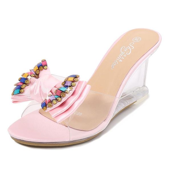 

dress shoes summer pvc transparent wedge heel bowknot colored diamonds sandals crystal open toe party office women high heels, Black