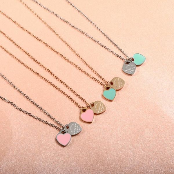 

chains fashion pink/blue enamel double heart pendant necklace for women girls luxury stainless steel chain friendship fine jewelry gift, Silver