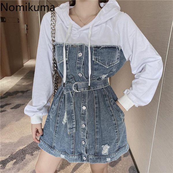 

nomikuma causal hooded demin dresses korean patchwork a-line women dress 2021 new buttons sashes slim waist mini vestidos 6d939, Black;gray