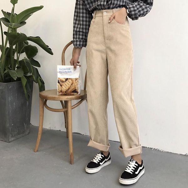 

pants women loose solid corduroy high waist pockets solid womens long trousers korean style leisure all-match simple trendy, Black;white