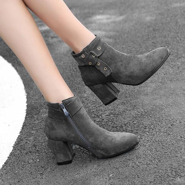 

boots european and american handsome belt buckle luxury rivet point high heel thick antiskid short woman, Black