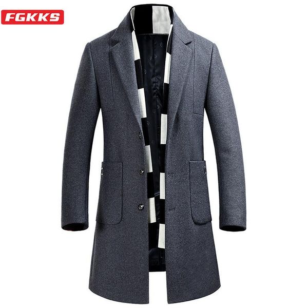 

men's wool & blends fgkks winter blend coat men brand business casual with scarf overcoat comfortable warm coats male clothing, Black
