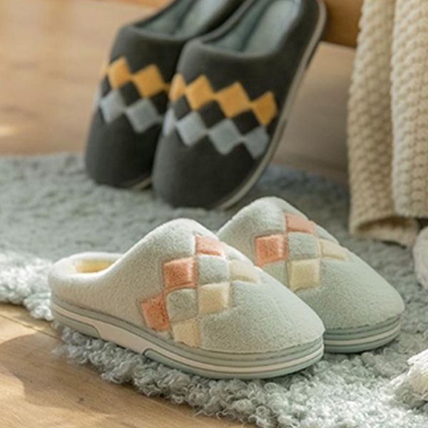 

slippers women house female geometric mixed color warm flock home cotton shoes lady non-slip comfortable indoor women's flats, Black