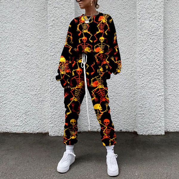 

halloween yellow frame pattern women's pants autumn and winter women's sportswear thickened fleece cotton suit 2-piece sweatshirt, White