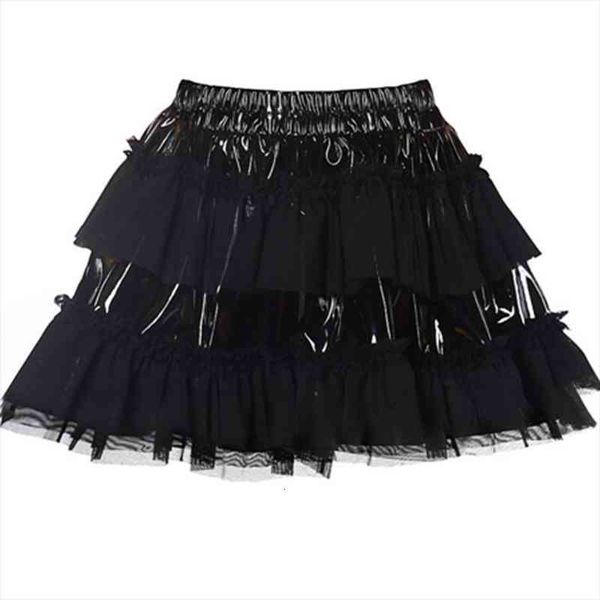 

s- pvc patchwork mesh women skirt tutu vinyl wet look corset skirts pettiskirts elastic waist petticoat mini ruffle, Black