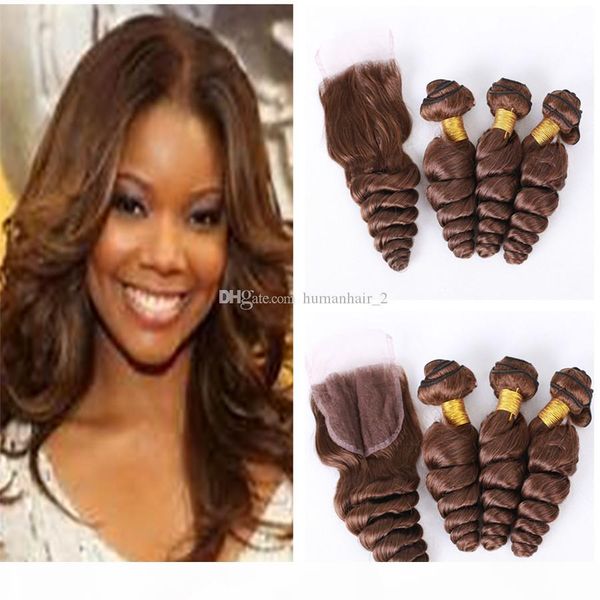 

lace closure with 3pcs hair bundles #4 chocolate brown loose wave curly human hair extension with closures #4 middle brown virgin hair, Black;brown
