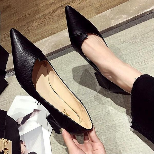 

dress shoes sandra jrr leather pumps women med square heel pointed toe slip on office lady work heels casual daily, Black
