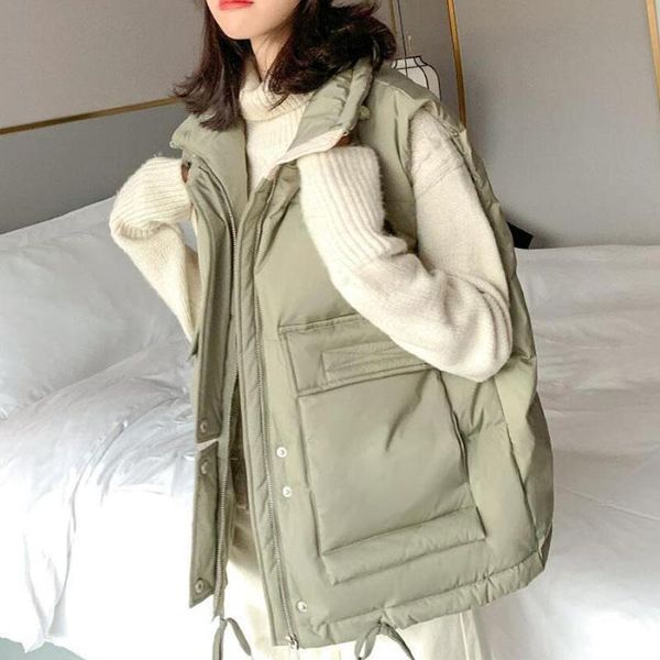 

women's vests autumn winter outerwear vest harajuku loose mid-length down cotton sleeveless jacket women all-match bread coat, Black;white